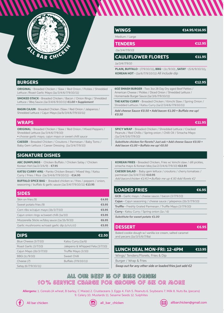 All bar chicken menu
